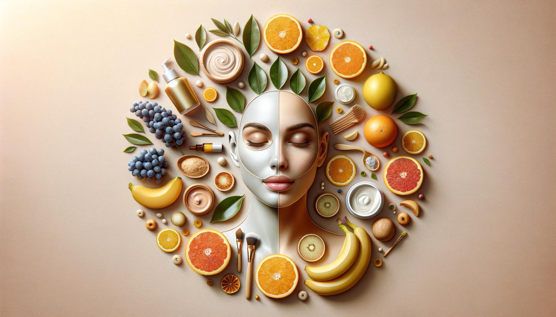 A symmetrical face with a mask, surrounded by fruits, leaves, cosmetics, and skincare items on a beige background.