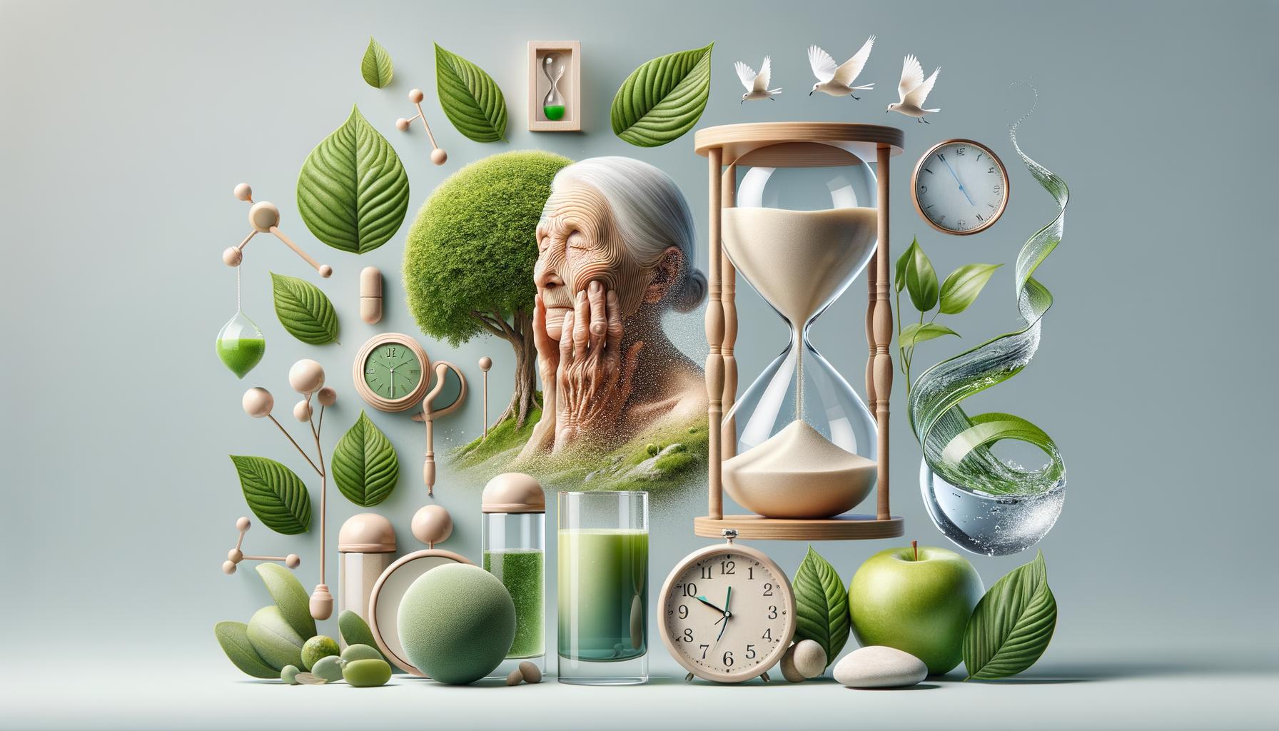 Collage of greenery, a large hourglass, elderly woman, clocks, doves, and leaves, symbolizing time and nature.