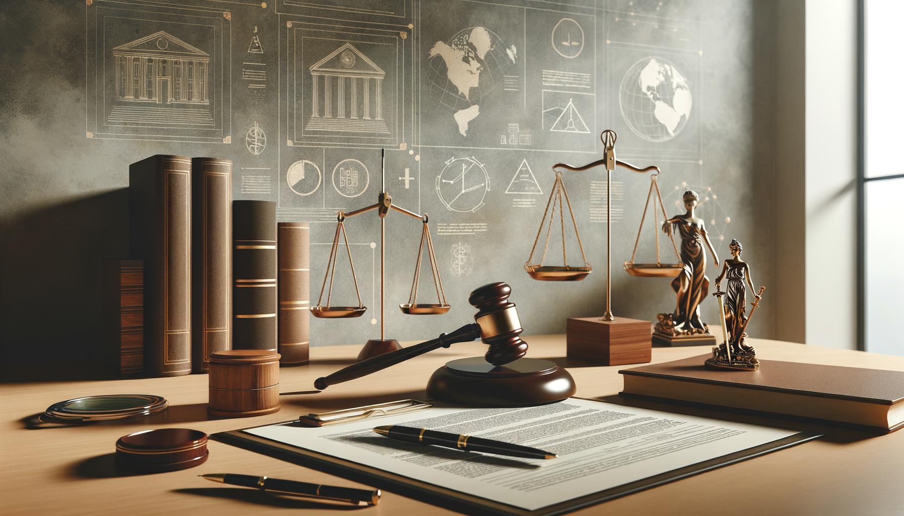 A judge's gavel, scales of justice, law books, and Lady Justice statue on a desk with legal documents.