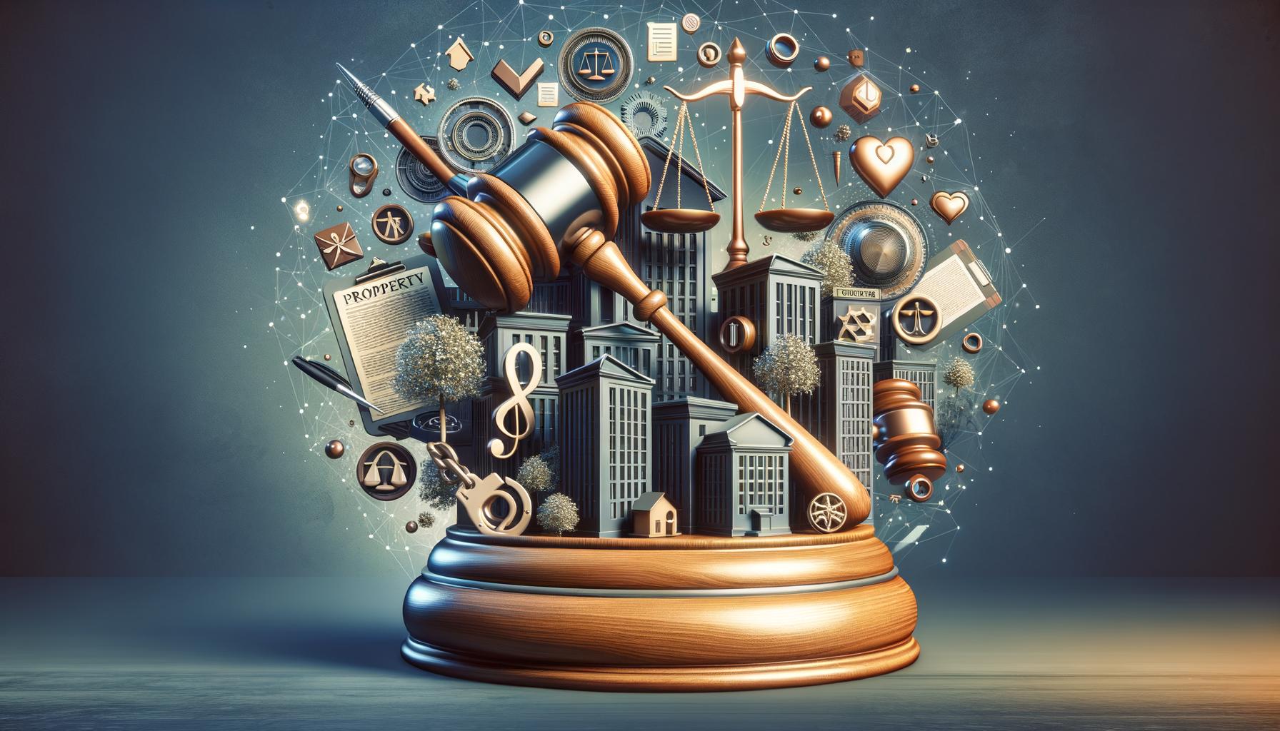 A large gavel surrounded by scales, buildings, legal symbols, and interconnected lines on a dark background.