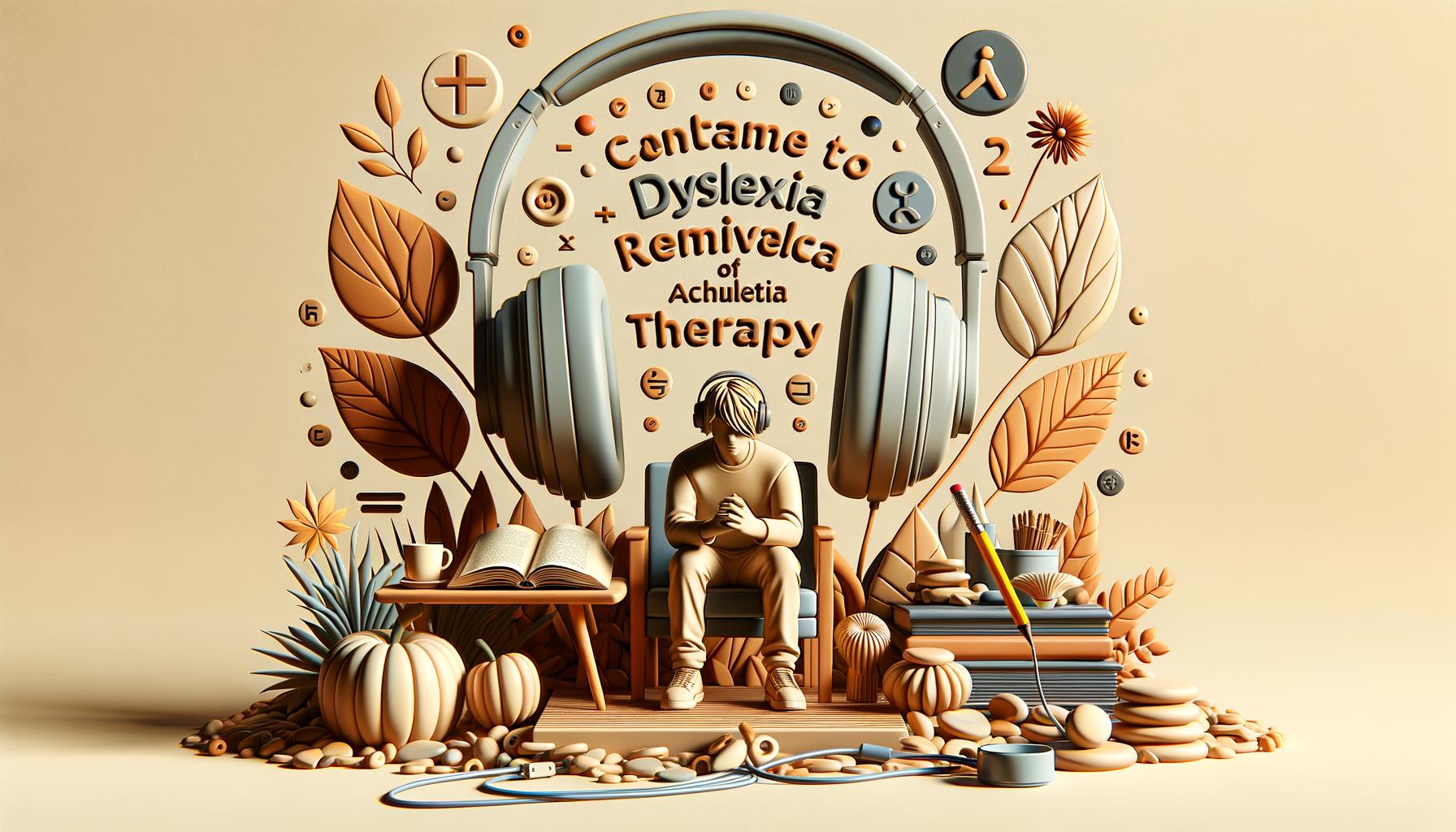 3D art features a person sitting with large headphones, surrounded by leaves, books, pumpkins, and a cup, with the text "Contame, Dyslexia, Remivelca, Achuletia, Therapy."