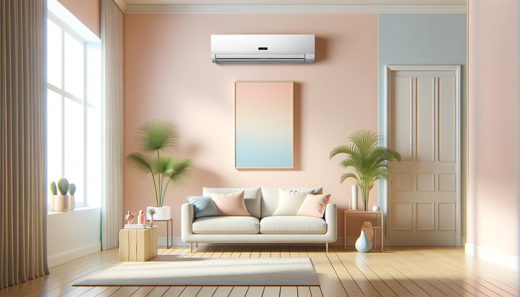Minimalist living room with a white sofa, pastel pillows, plants, and an air conditioner on a peach wall.