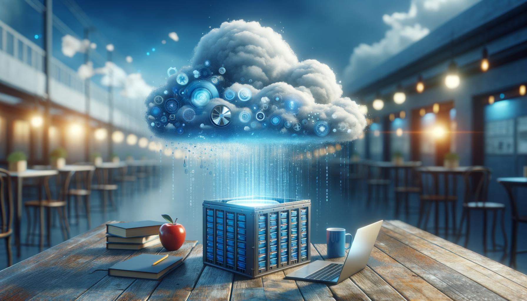 A digital cloud emits data symbols over an outdoor table with a server, books, apple, mug, and laptop.