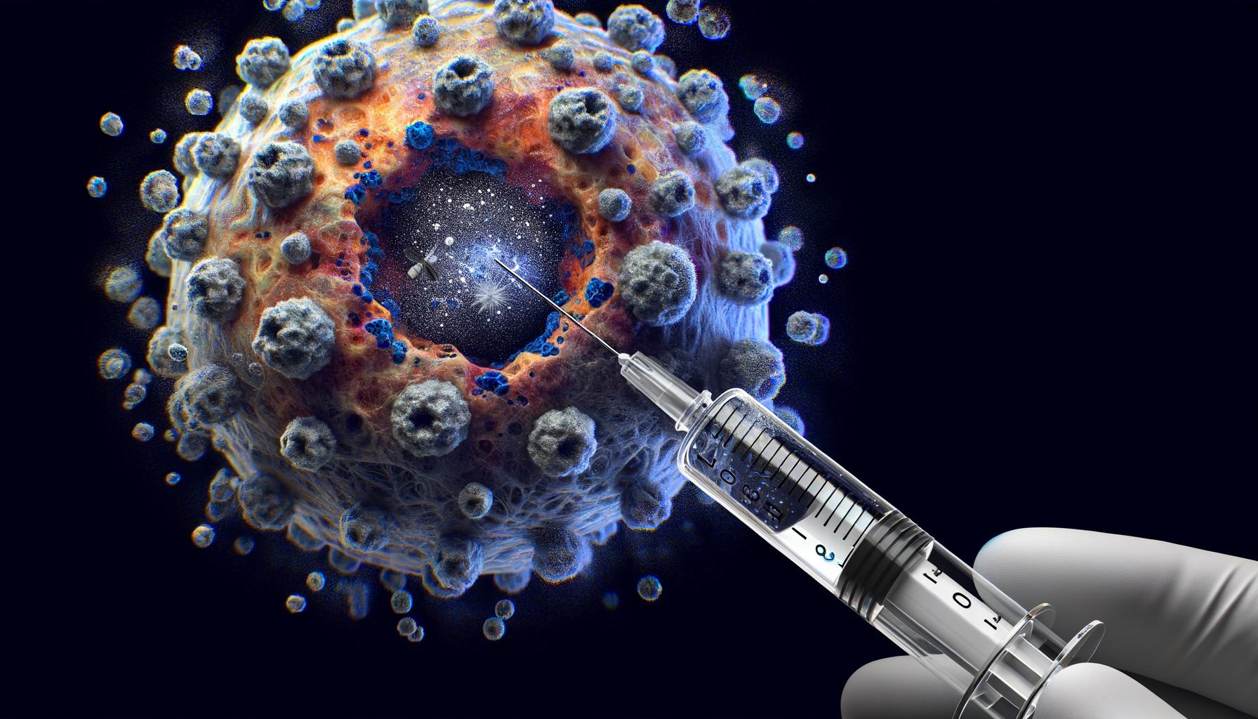 A syringe injecting a giant stylized cancer cell, with a cosmic core and swirling particles.
