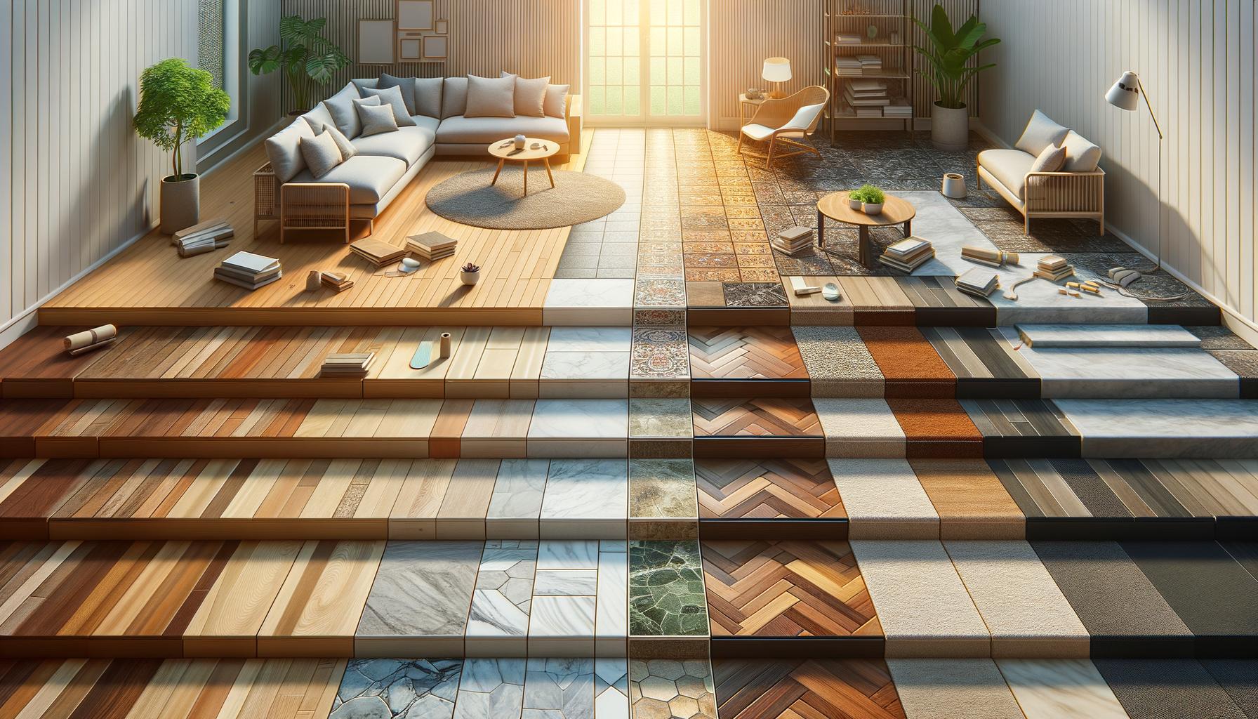 A split living room with different flooring samples; wood on the left, tiles on the right, illuminated by sunlight.