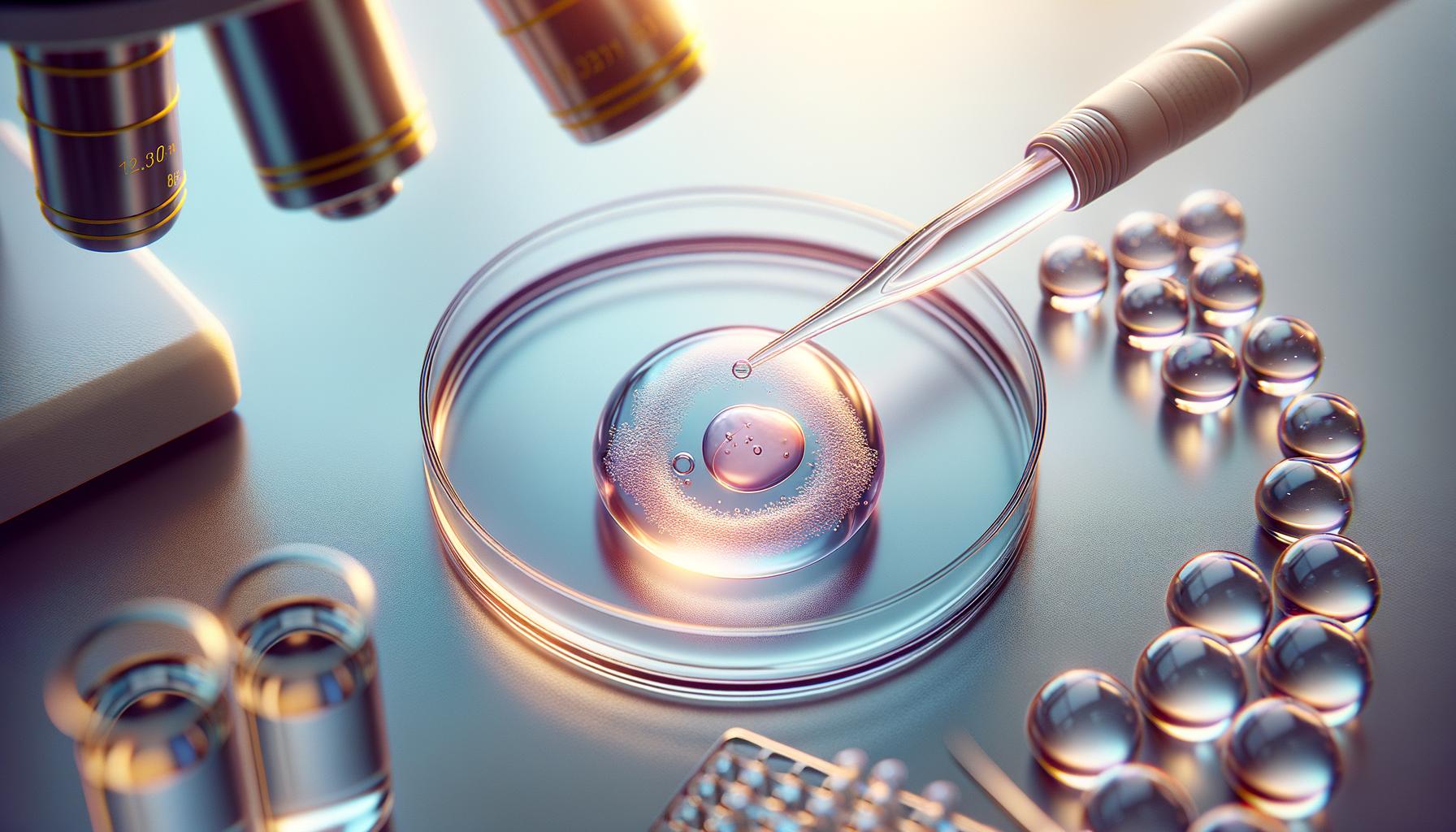 Microscope and pipette above a petri dish with a cell.
