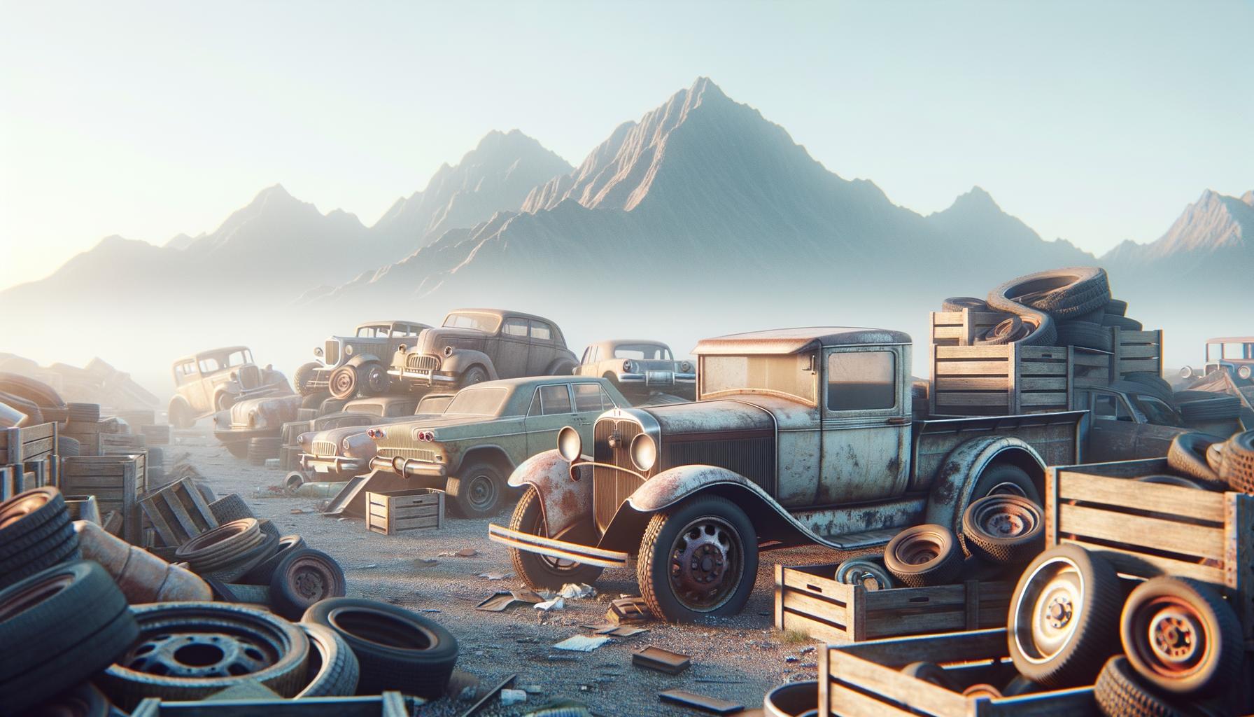 Old, rusted cars and piles of tires in a junkyard with mountains in the background.