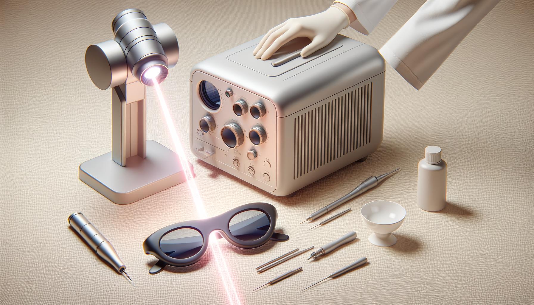 Medical equipment including a laser device, safety goggles, tools, and a small bottle on a beige surface.