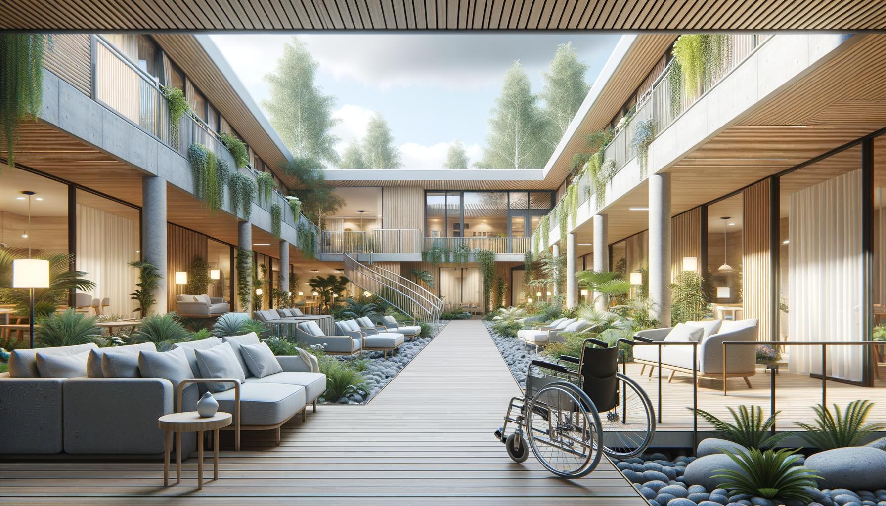 Modern courtyard with wooden deck, lush plants, cushioned seating, hanging greenery, large windows, and a wheelchair.