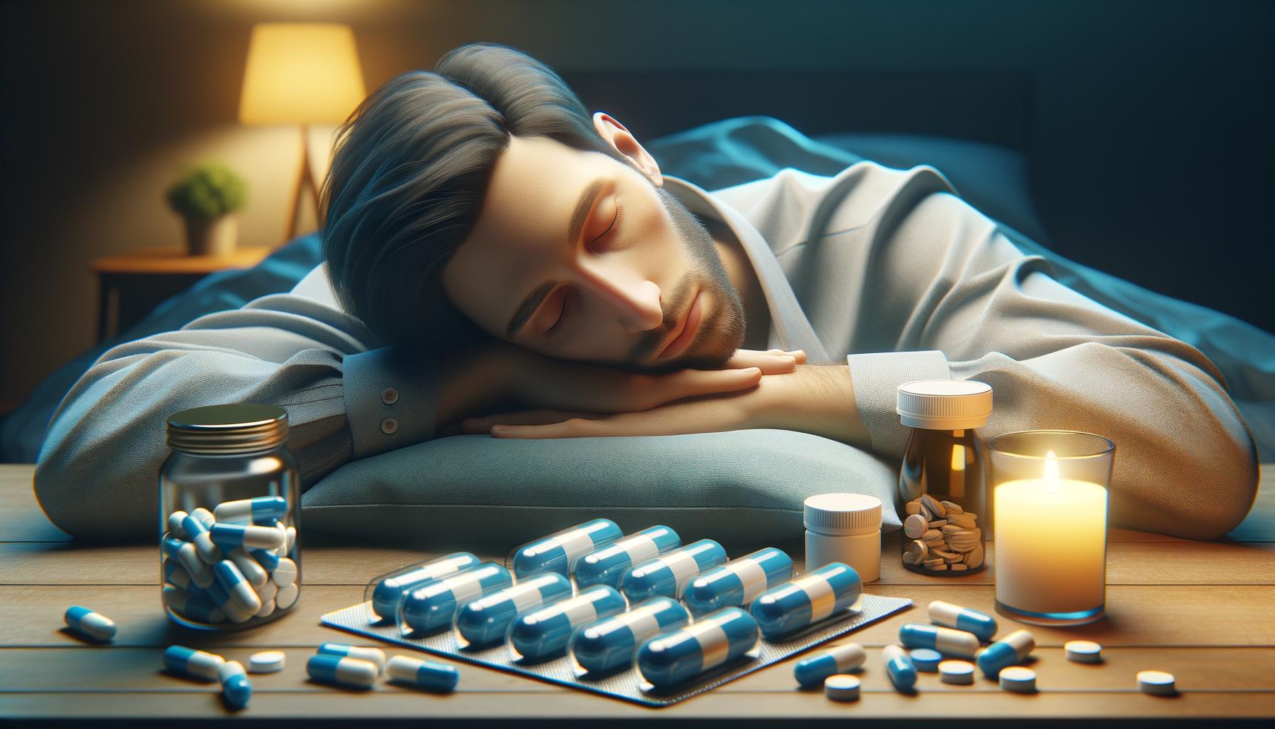 A man sleeps with his head on a pillow, surrounded by bottles and blister packs of pills. A lit candle is on the table.
