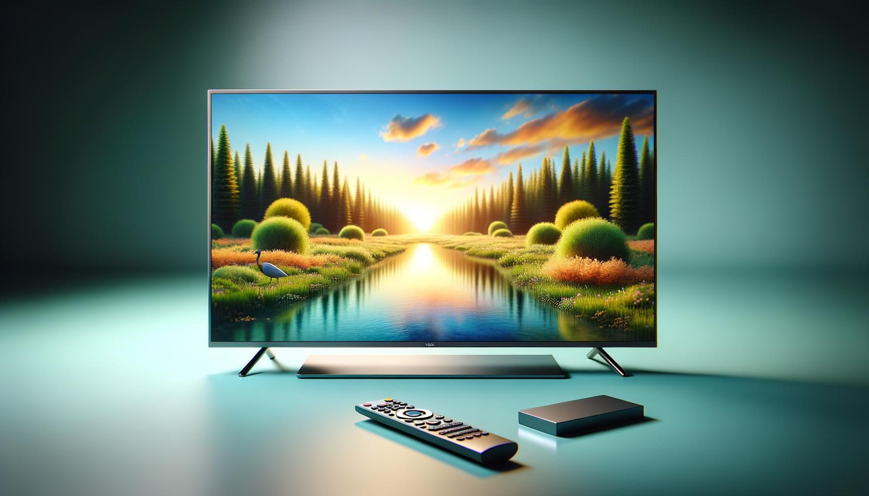 A TV displays a serene landscape with a river, trees, and colorful sunset, surrounded by a remote and a device on a table.