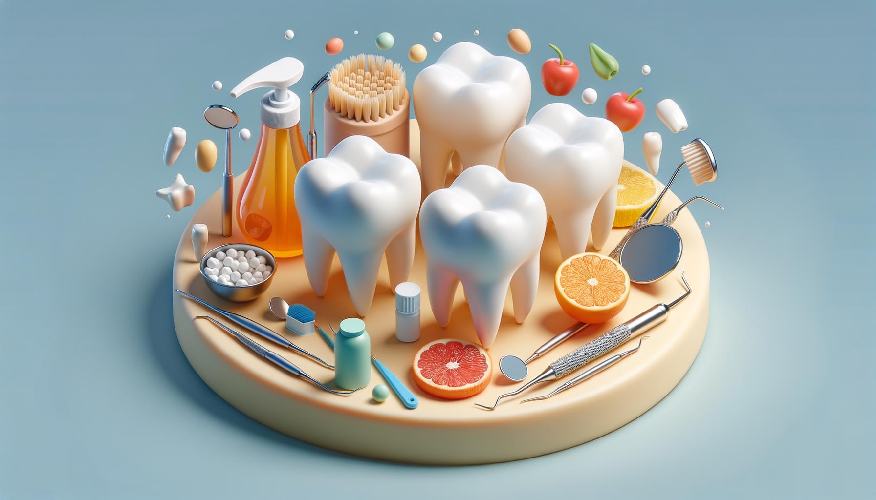 A 3D illustration of teeth surrounded by dental tools, fruits, toothbrushes, and toothpaste.