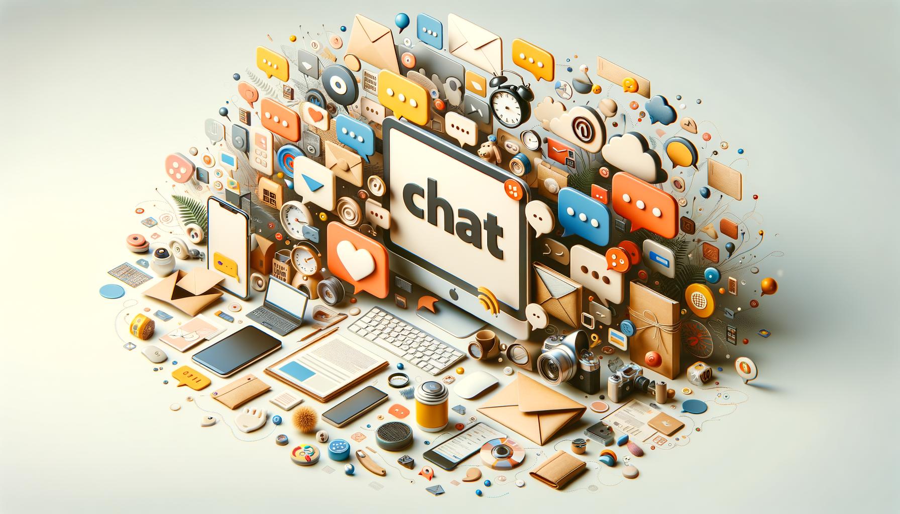 Whimsical 3D illustration of digital communication symbols, including speech bubbles, devices, and apps.
