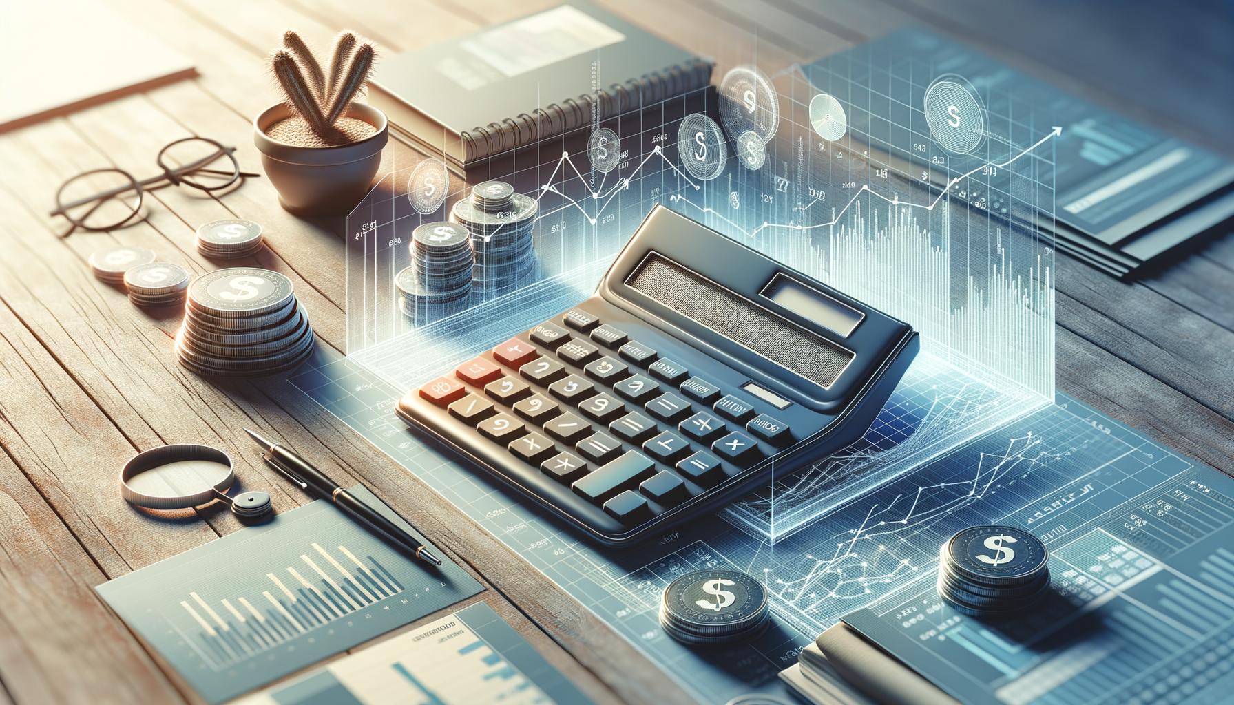 A calculator, coins, glasses, and pen on a desk with financial charts and graphs in the background.
