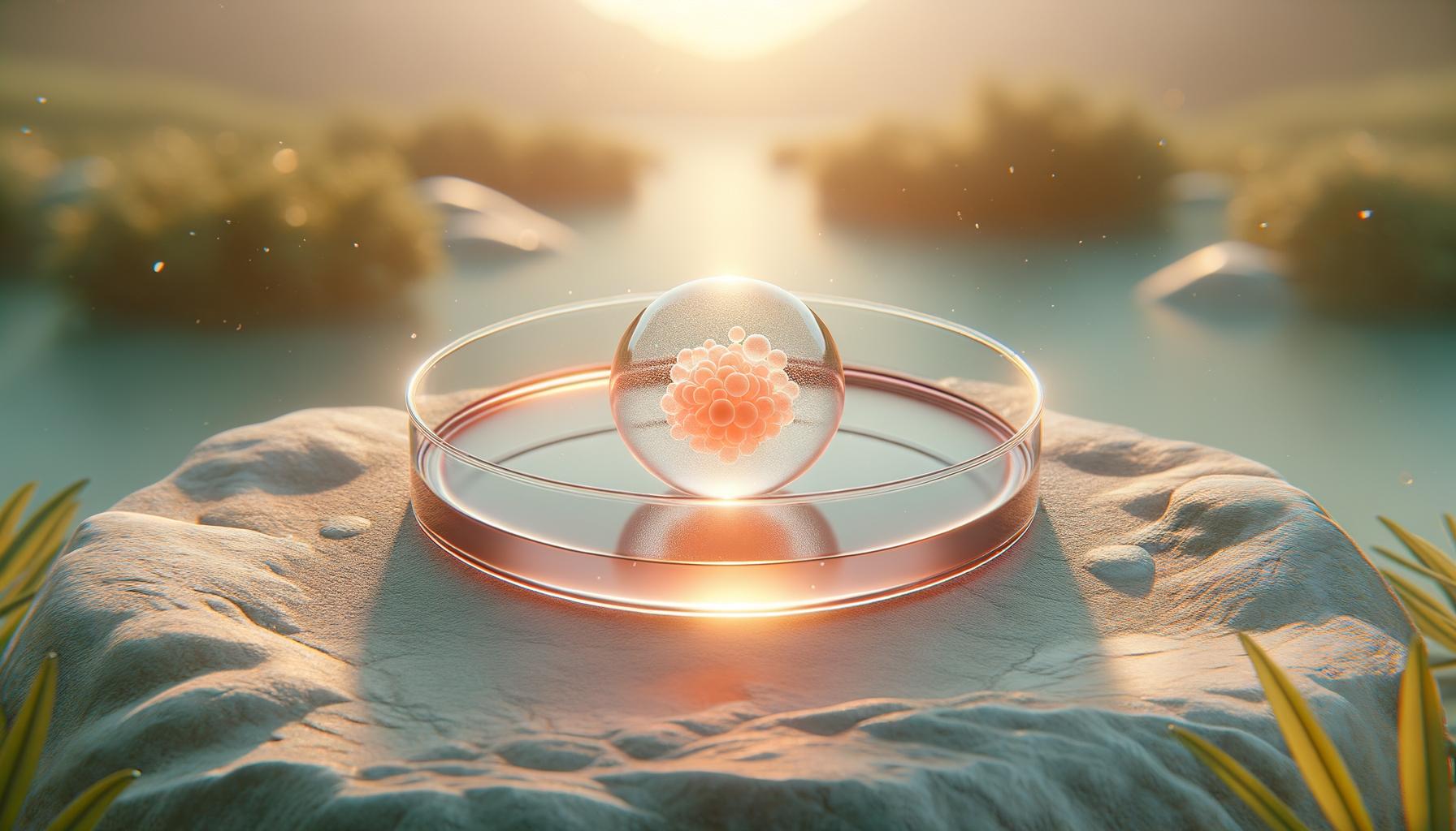 Glass sphere with cells inside, placed on a rock with a glowing background.