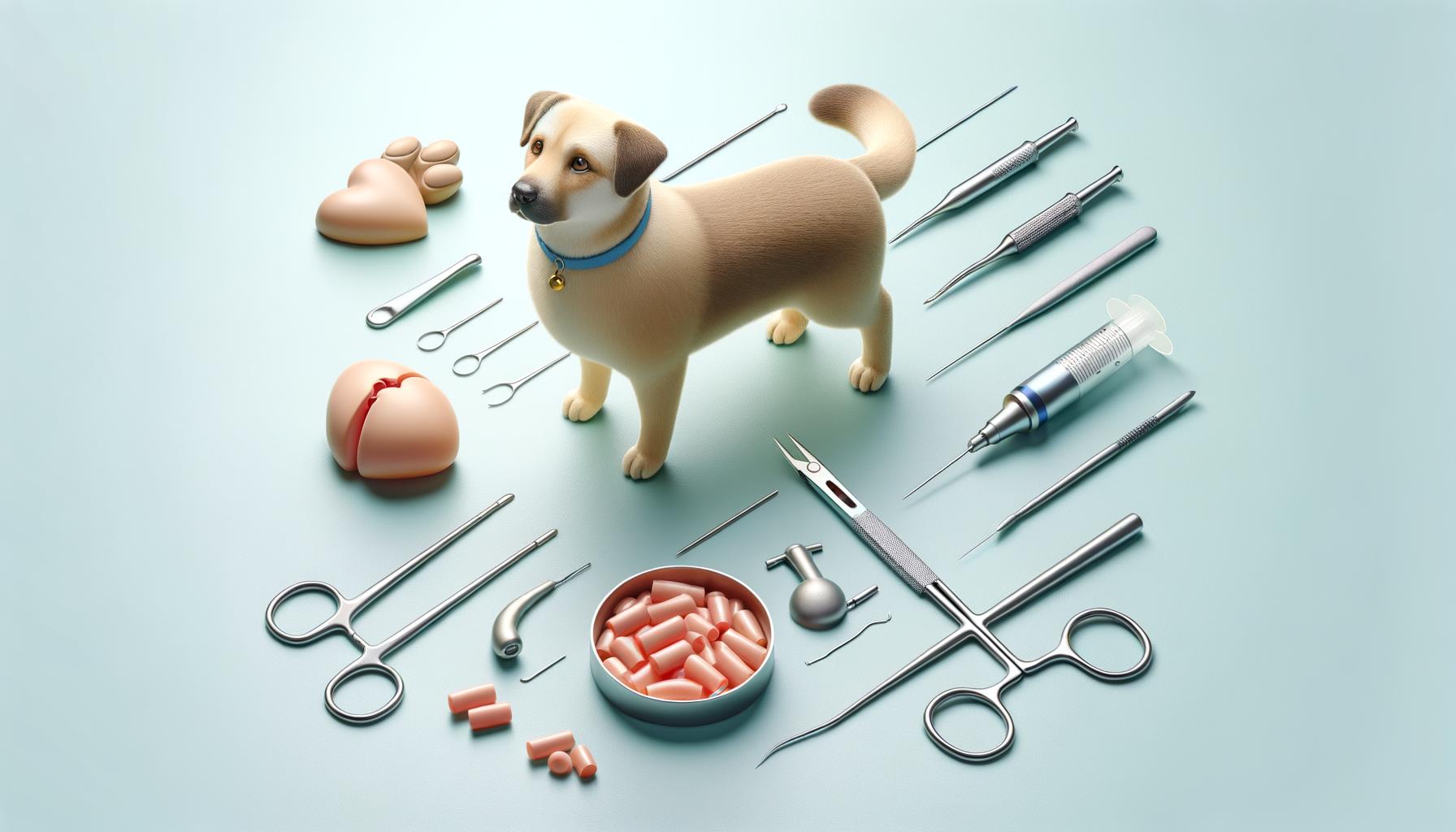 A small dog stands surrounded by veterinary tools, pills, a syringe, and a cut heart model on a light blue background.