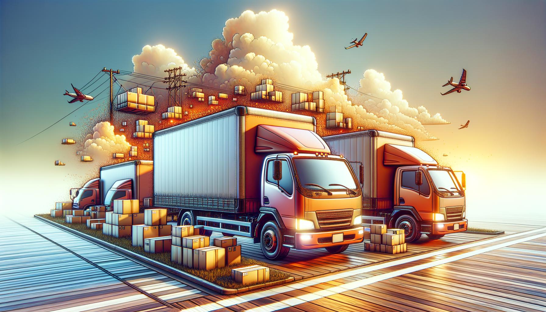 Illustration of delivery trucks surrounded by floating boxes and airplanes in a vibrant, surreal landscape.