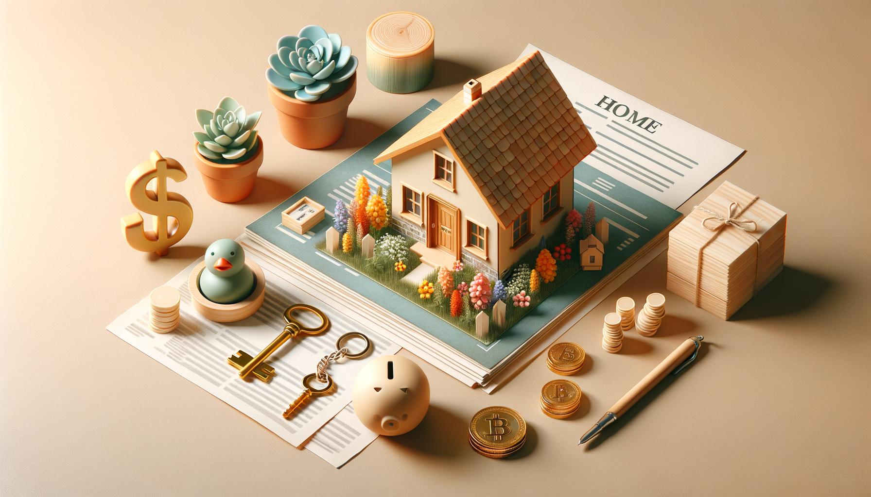 Miniature house on papers, surrounded by plants, money symbols, keys, a duck, a piggy bank, and a pen.