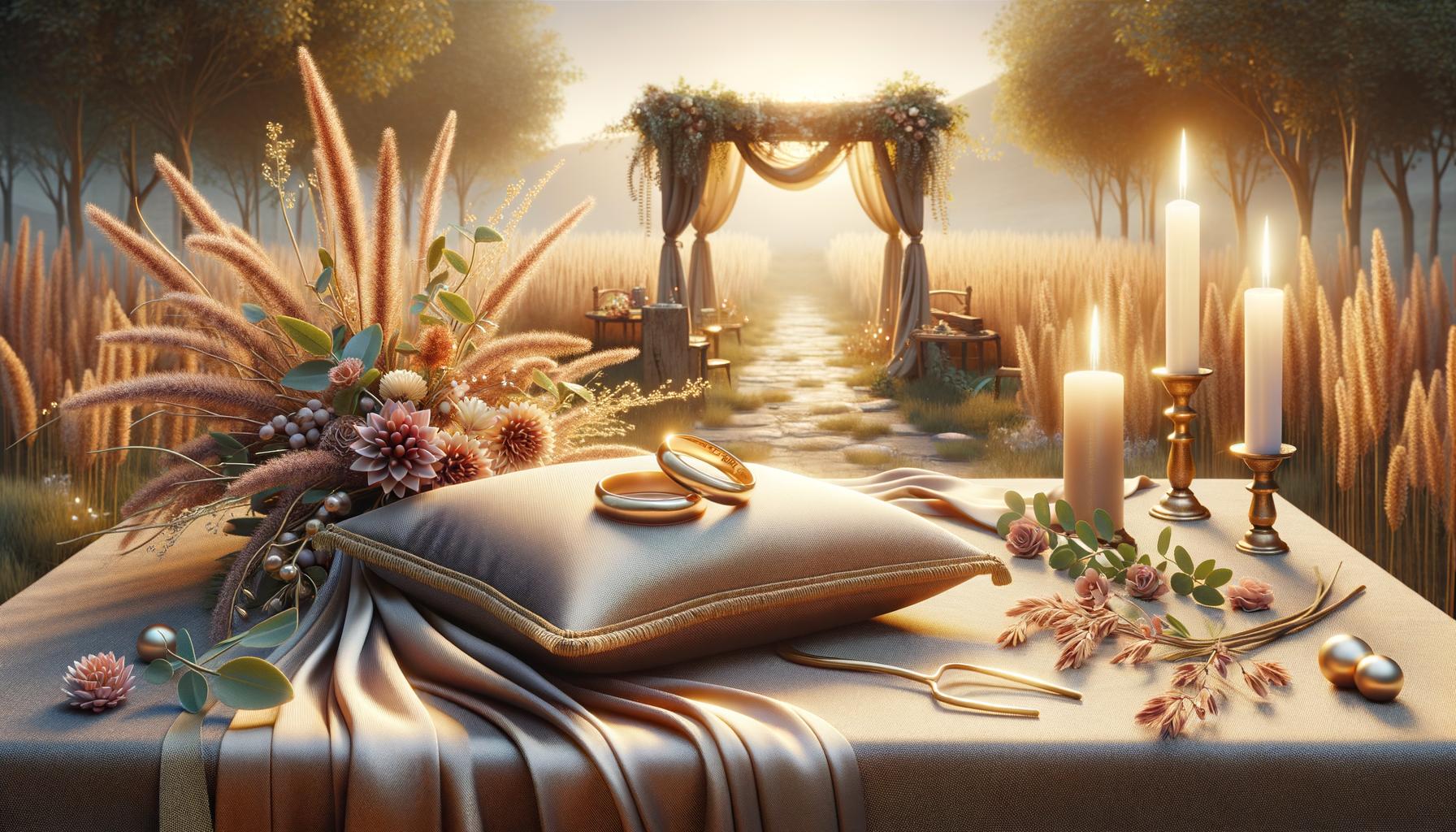 A romantic outdoor wedding scene with rings on a pillow, candles, flowers, and an archway adorned with fabric and greenery in a sunlit field.